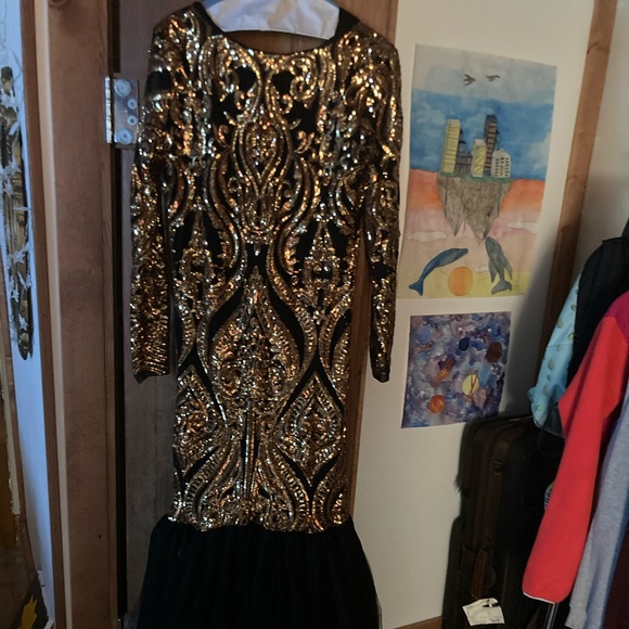 custom made, black and gold, formal prom dress - Picture 5 of 5